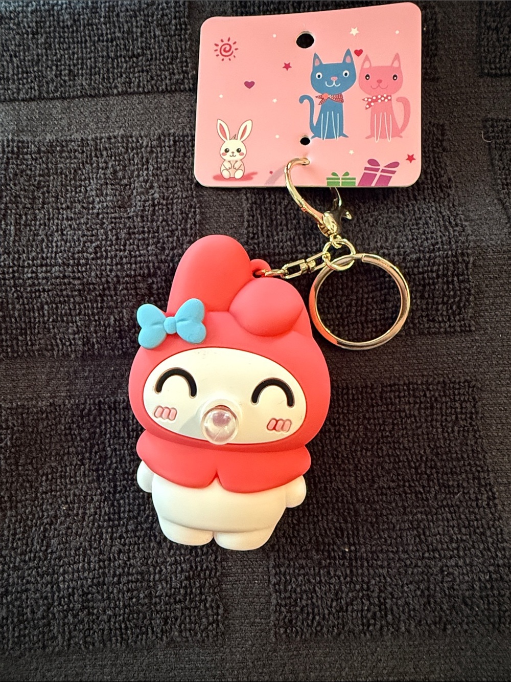 Cute Pink Bunny Keychain Light With Blue Bow - Kids Bag Accessory